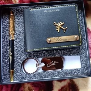 wallet, pen, keychain set